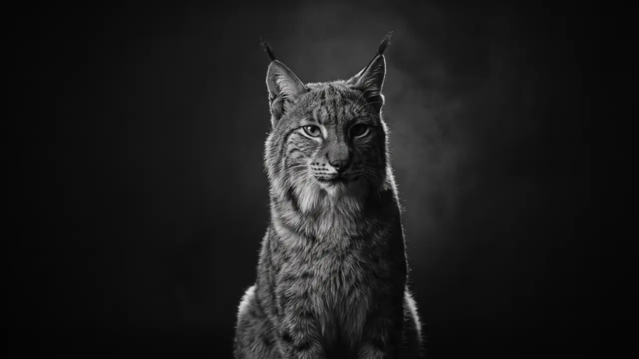 A black and white lynx in a dark studio